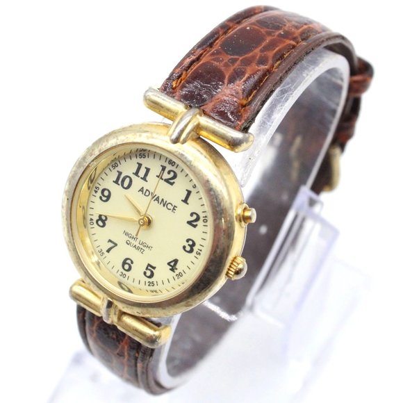 Vintage Advance Watch Womens Gold Tone Stainless Steel Brown Leather Band - Picture 1 of 7